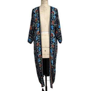 Coco Carmen Long Kimono S/M Blue Floral Open Hippie Boho Cover Up Cottagecore